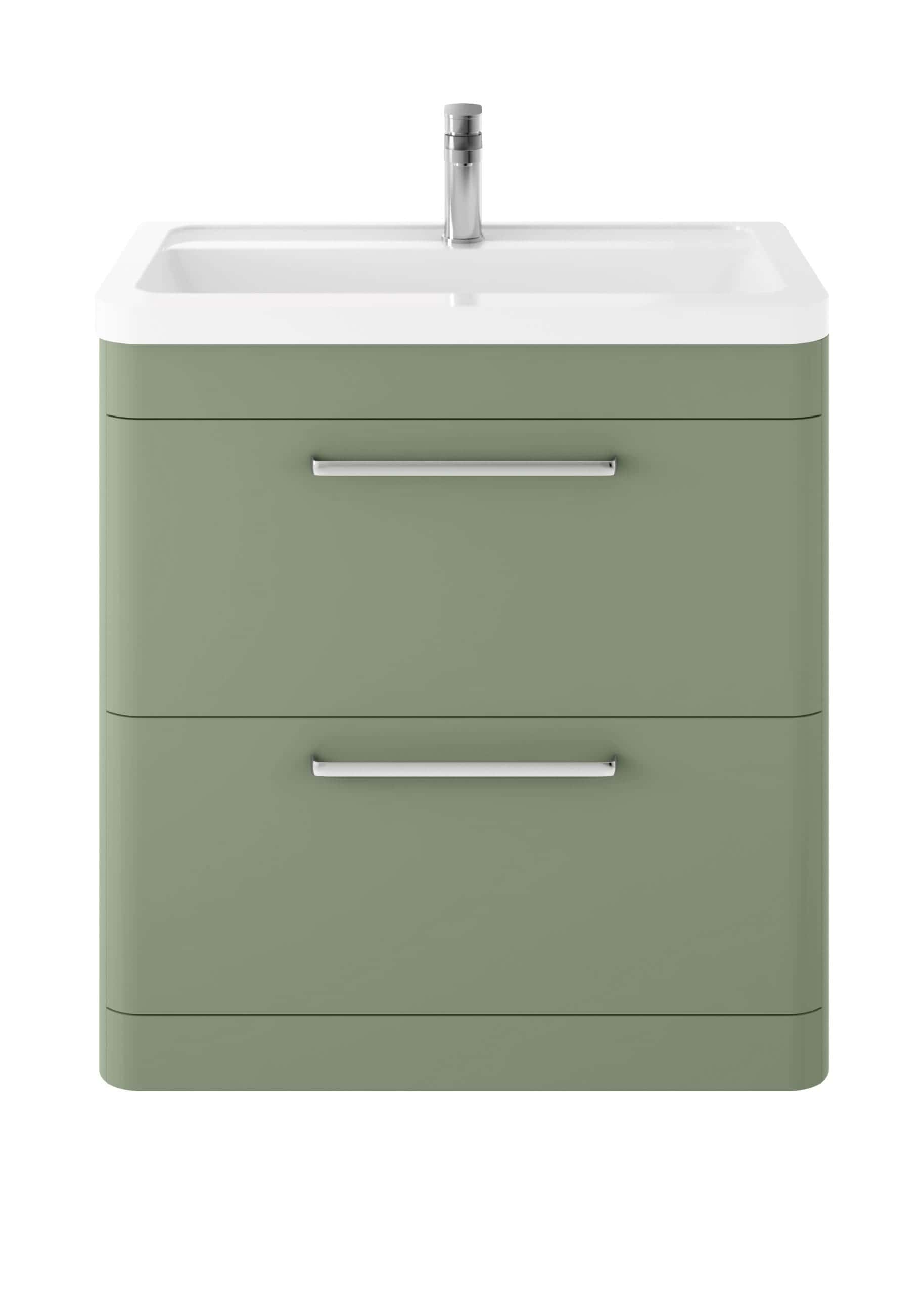 Modern green bathroom vanity with white ceramic sink and chrome faucet, ideal for contemporary bathroom design.
