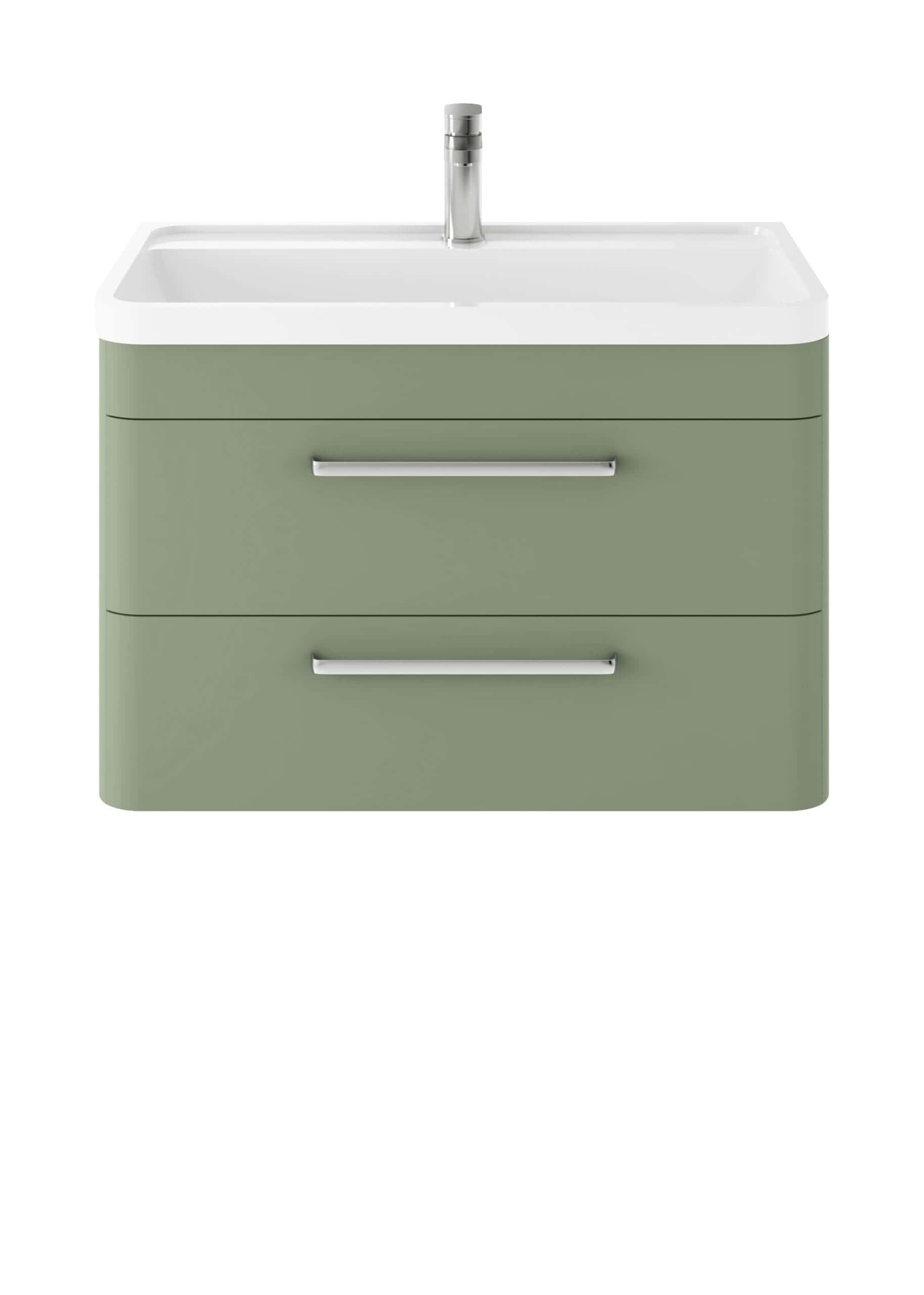 Green bathroom vanity with integrated ceramic sink and modern chrome handles, ideal for contemporary bathroom renovations and storage solutions.