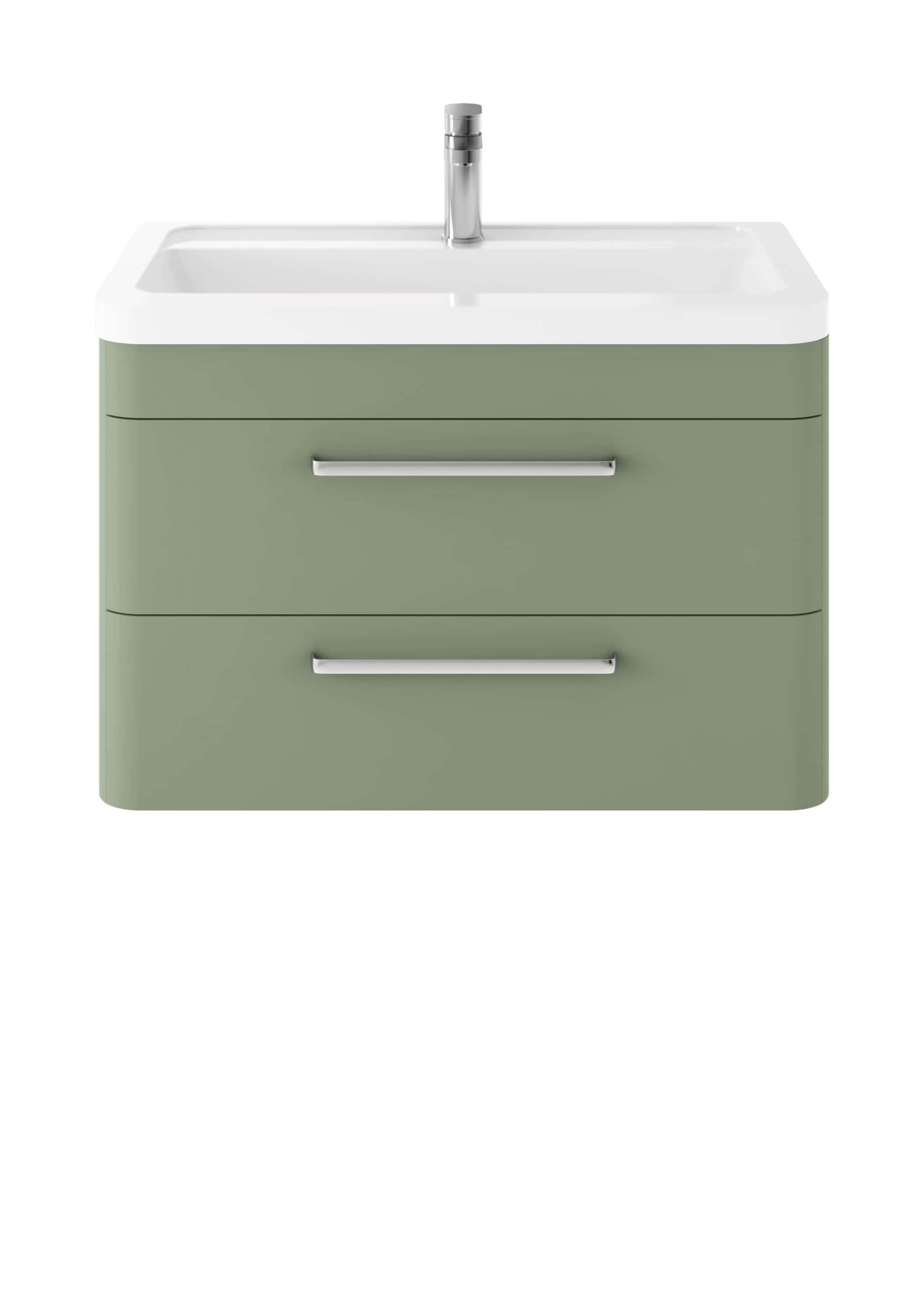 Green bathroom vanity with white sink and chrome handles, modern bathroom furniture ideal for contemporary bathrooms.