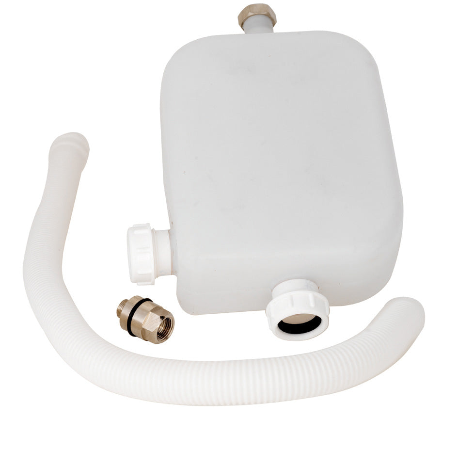 High-quality white plastic freshwater tank with flexible hose and fittings, ideal for bathroom plumbing, water storage, and sanitation solutions. Suitable for modern bathroom installation.