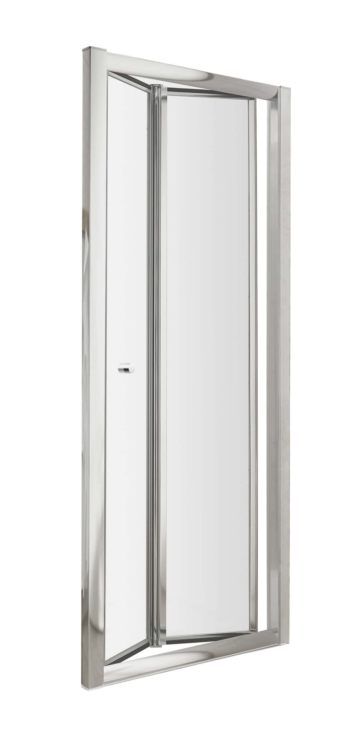 Polished stainless steel shower enclosure with clear glass doors, modern bathroom design with sleek minimalistic style.