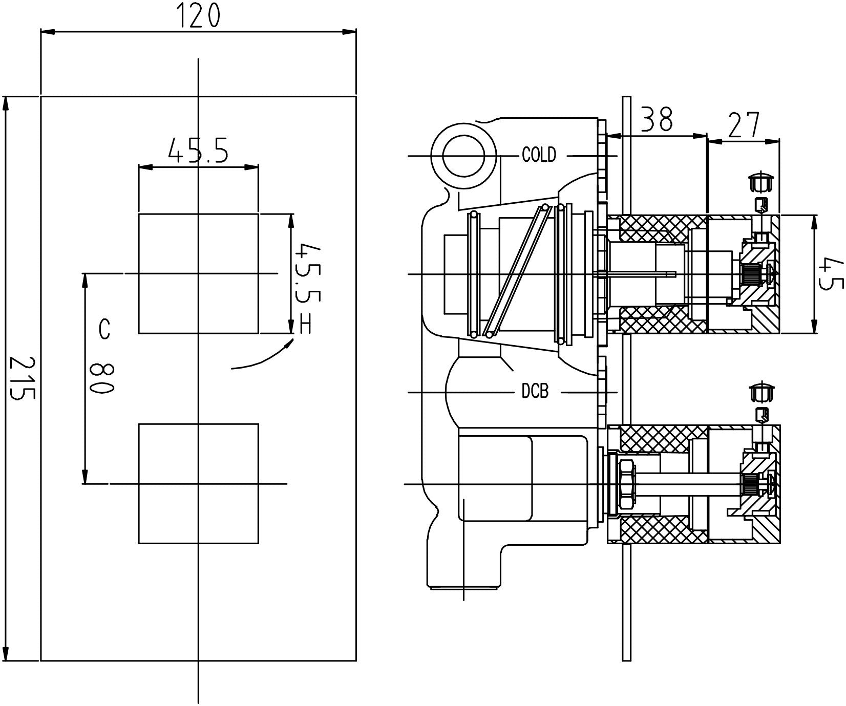 Modern bathroom plumbing valve technical drawing showcasing precise measurements and installation details. Perfect for plumbing professionals and bathroom renovators.