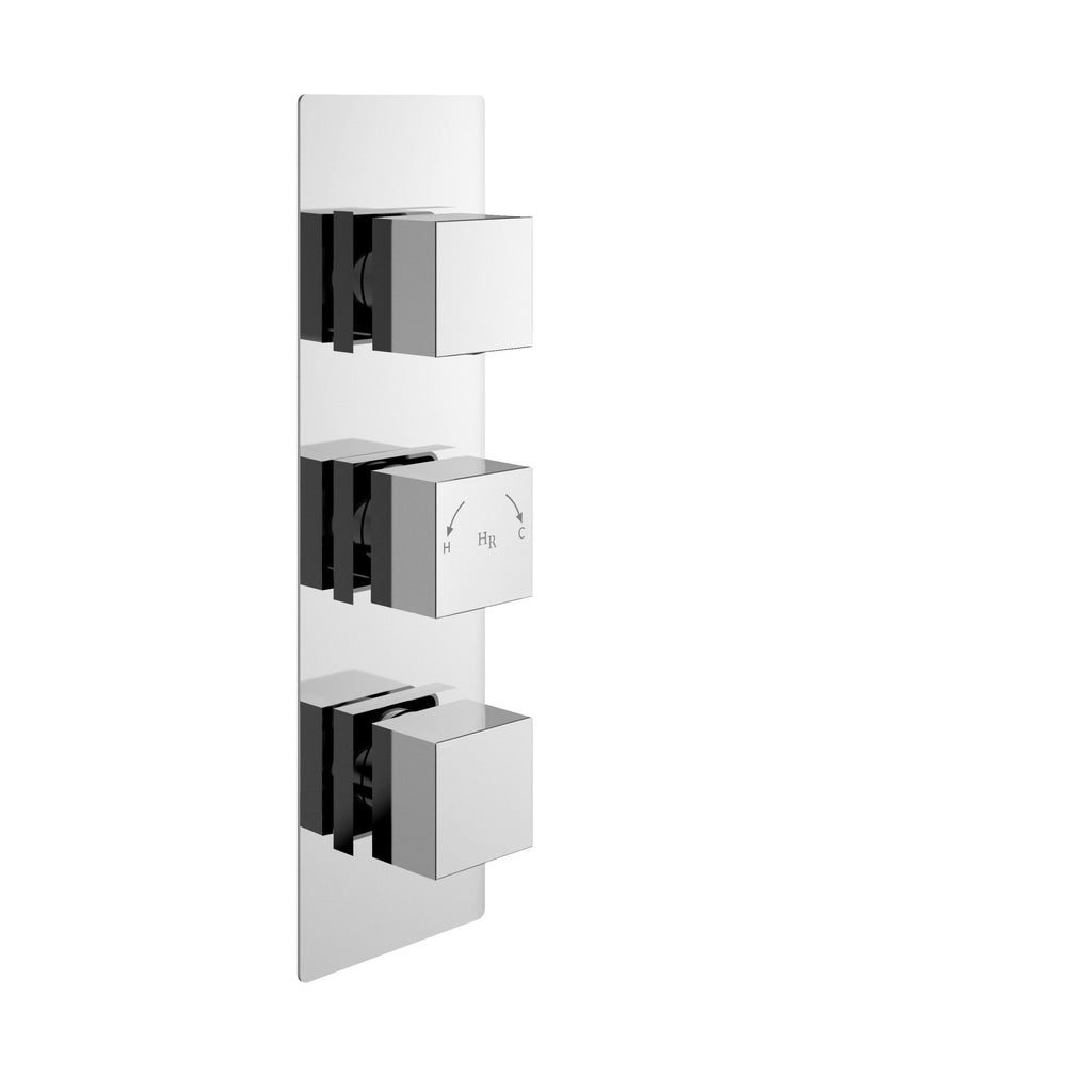 Contemporary digital shower control panel with chrome finish, three adjustable temperature and flow knobs for modern bathroom renovation.