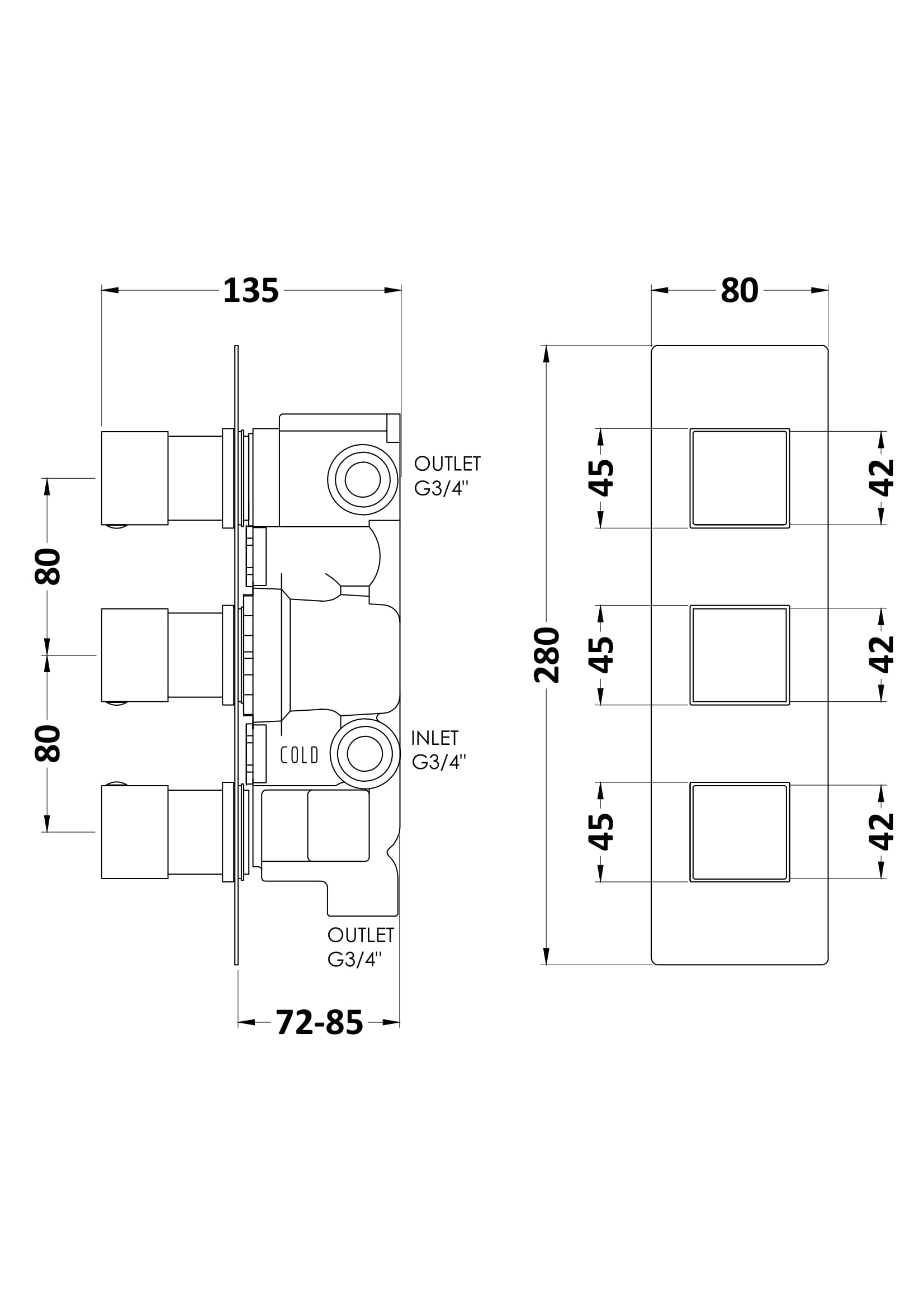 High-quality bathroom mixing valve with precise measurements, G3/4" outlets and inlets, designed for efficient bath and shower installations, perfect for Bubly Bathrooms.