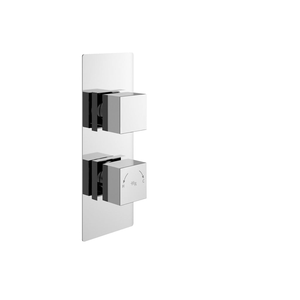 Efficient thermostatic shower control with chrome finish and dual handles for precise temperature adjustment, designed for luxury bathroom decor.