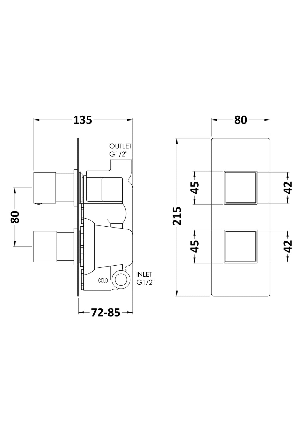High-quality Bubly Bathrooms plumbing fixture technical drawing for bathroom renovation and design, featuring detailed measurements and installation details.