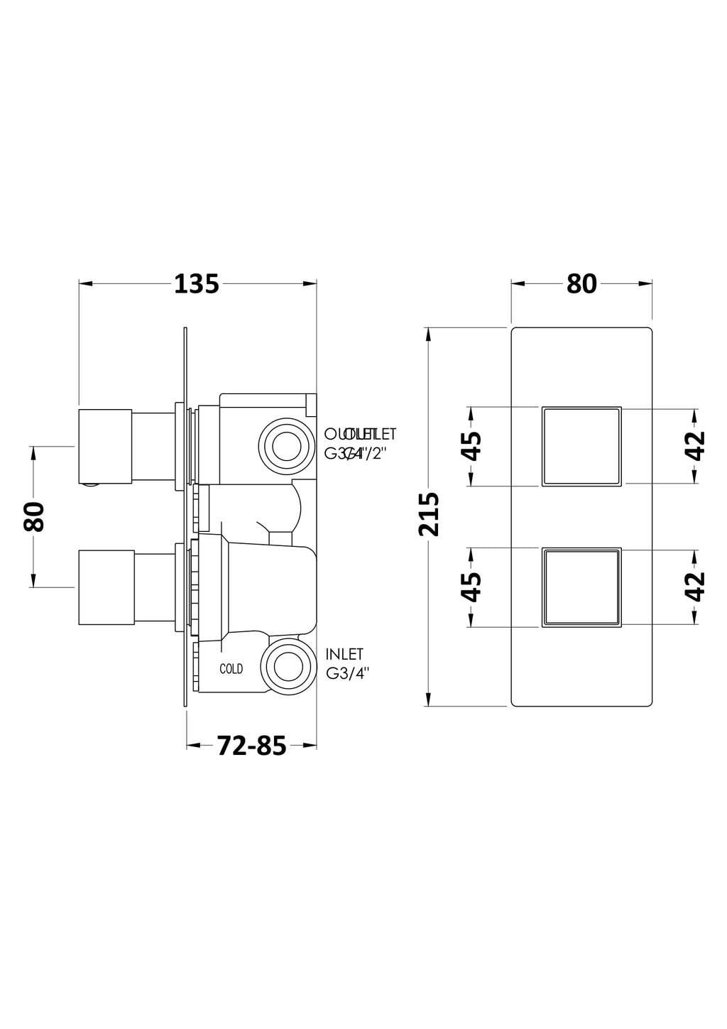 High-quality technical diagram of Bubly Bathrooms shower valve with detailed measurements and connections for optimal bathroom plumbing and design.