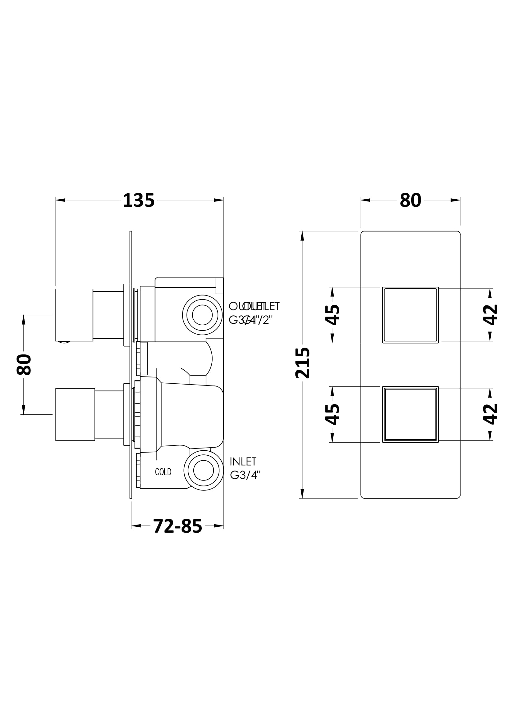 High-quality technical diagram of Bubly Bathrooms shower valve with detailed measurements and connections for optimal bathroom plumbing and design.