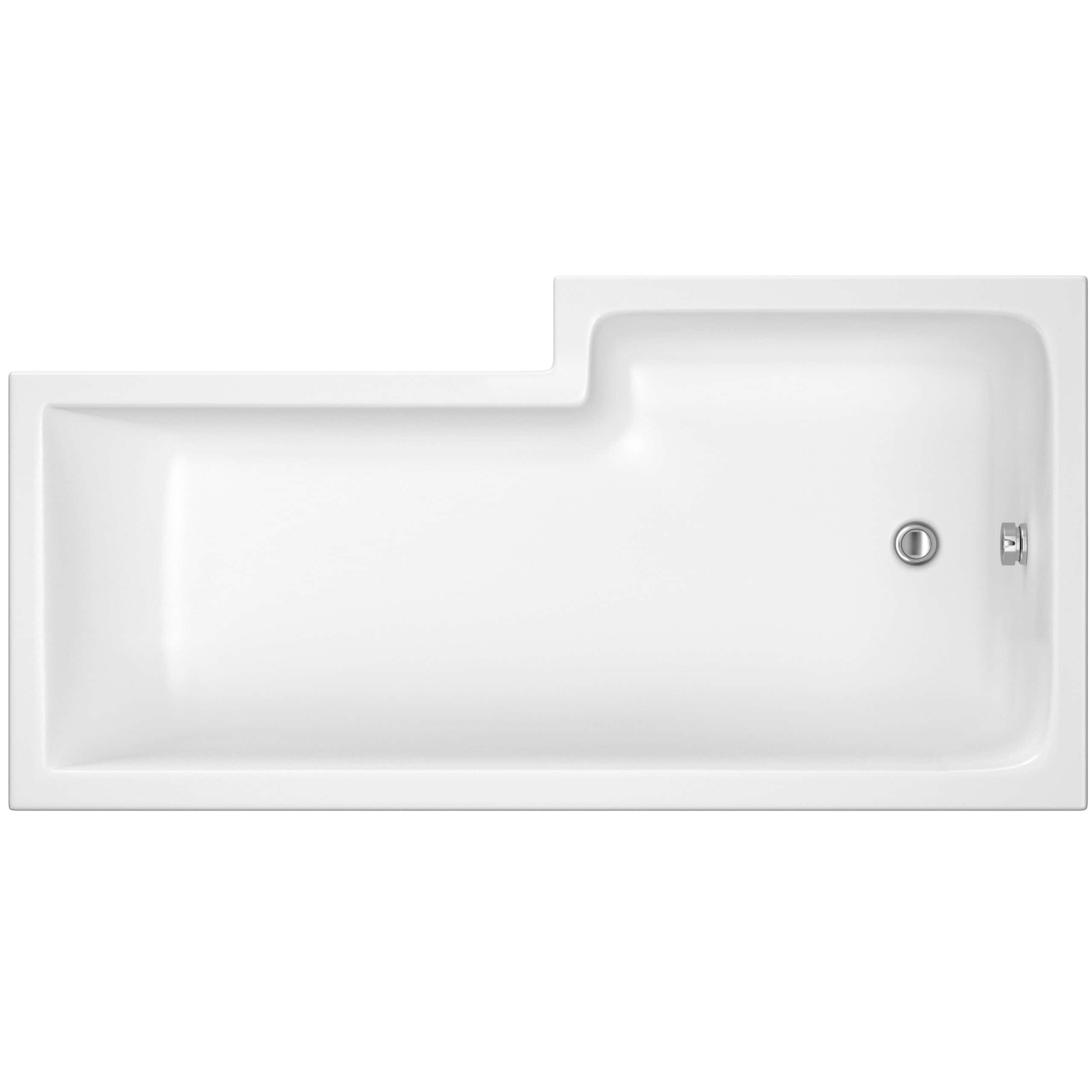 Modern white rectangular bathroom bathtub with an integrated L-shape design, featuring a built-in overflow and drain, ideal for contemporary bathroom decor and relaxing baths.