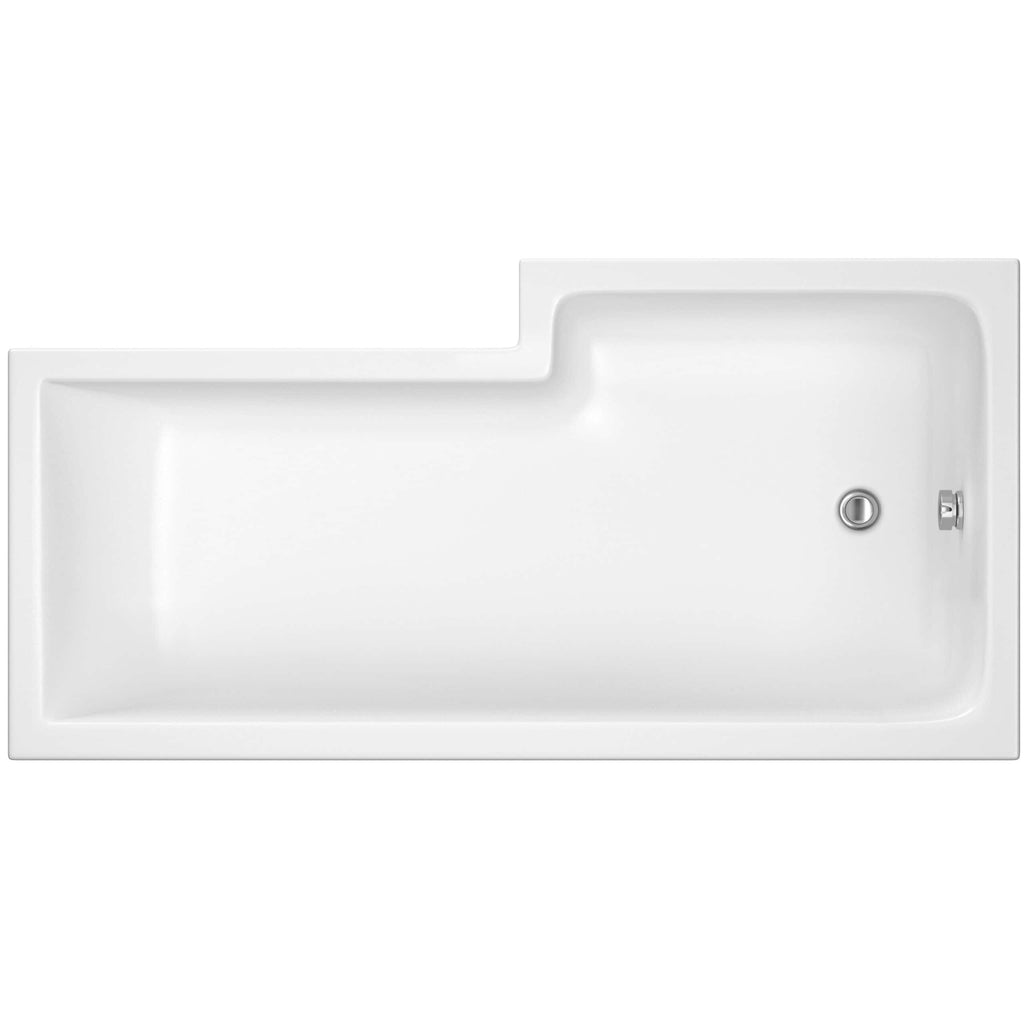 Modern white rectangular bathroom bathtub with an integrated L-shape design, featuring a built-in overflow and drain, ideal for contemporary bathroom decor and relaxing baths.