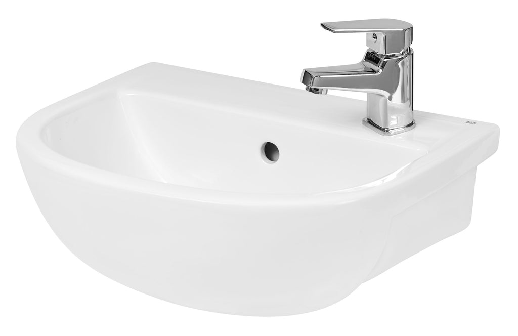 Sleek white bathroom sink with modern chrome tap, ideal for contemporary bathroom designs, featuring a smooth ceramic finish and practical basin with overflow.