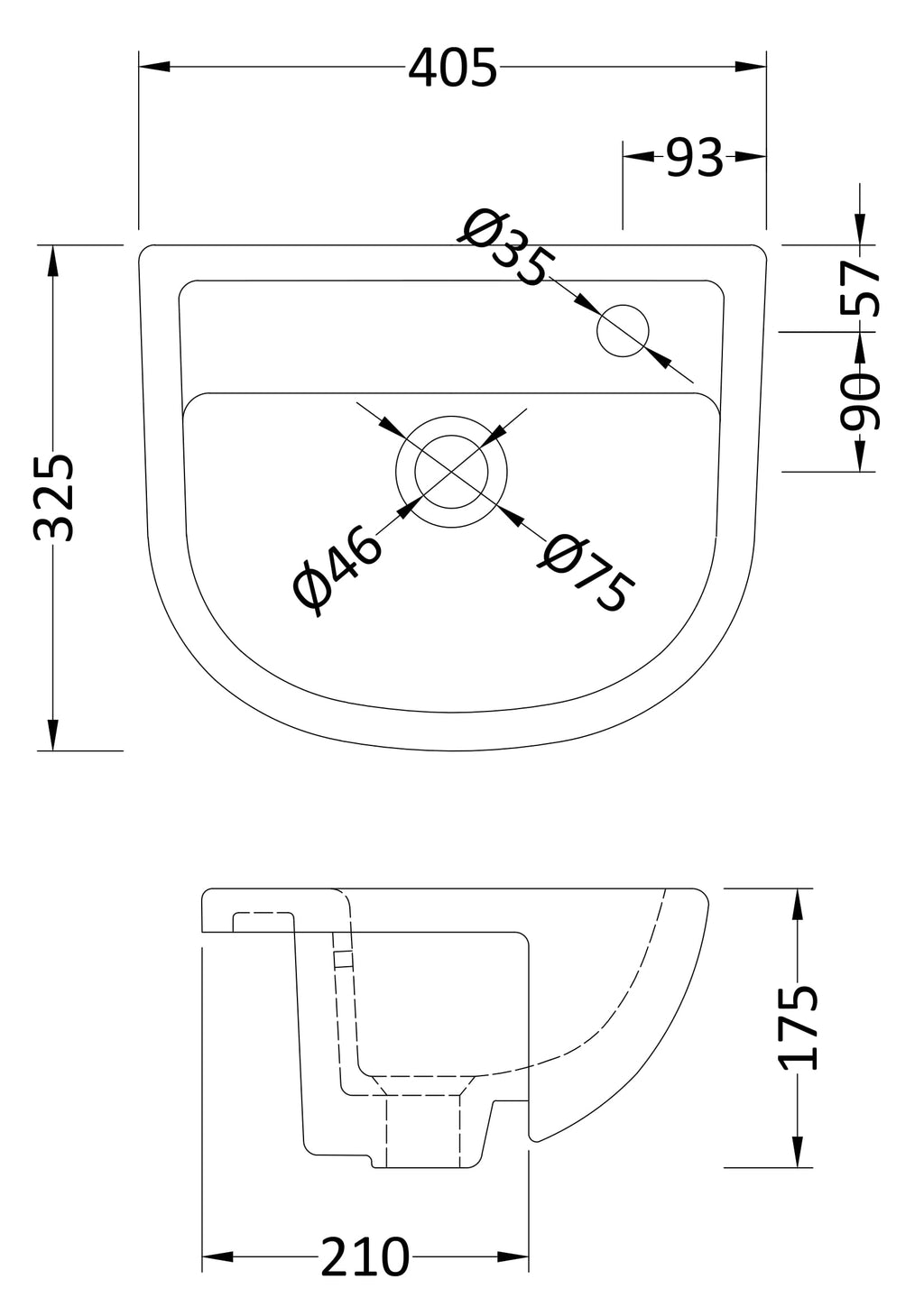 A technical drawing of a bathroom sink with detailed measurements and drain hole specifications, ideal for bathroom design and installation planning.
