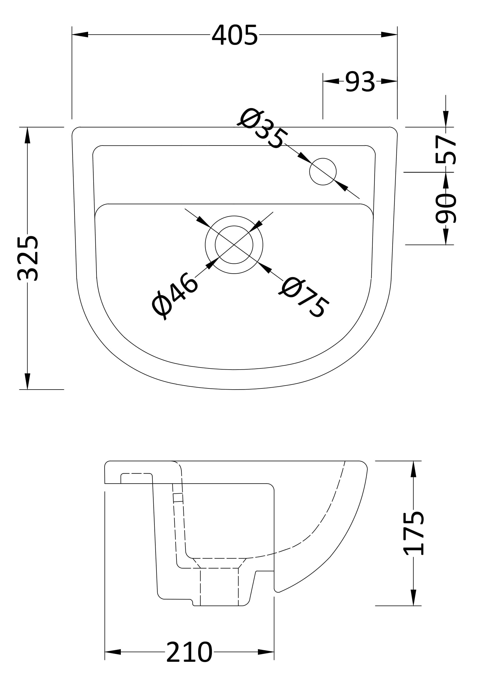 A technical drawing of a bathroom sink with detailed measurements and drain hole specifications, ideal for bathroom design and installation planning.