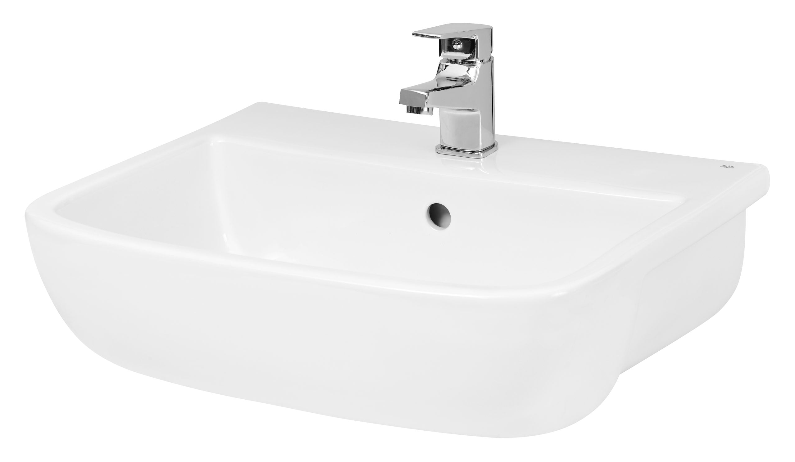 Modern white bathroom sink with chrome tap, designed for stylish and functional bathroom interiors. Perfect for contemporary bathroom bathrooms and fixtures.