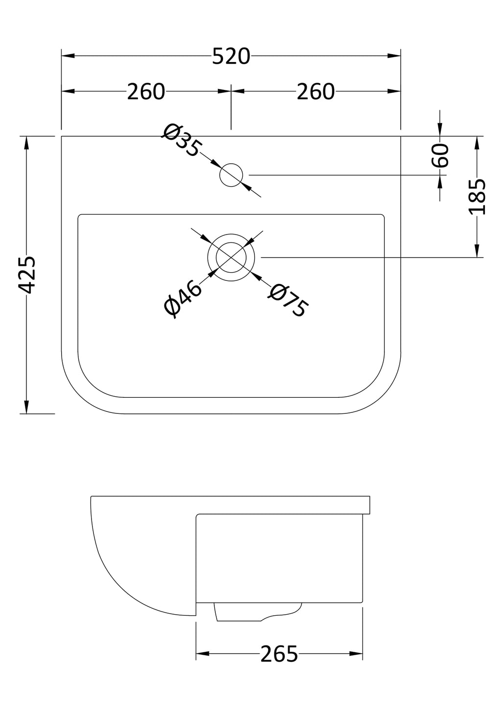 Standard bathroom sink with detailed dimensions for installation and plumbing connections, suitable for contemporary bathroom designs.