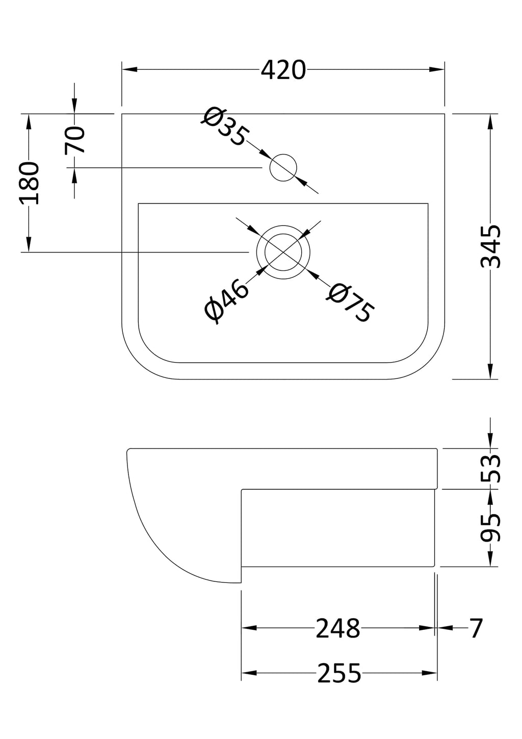 Seating diagram of a modern bathroom sink with detailed measurements and installation specifications for plumbing and cabinetry.
