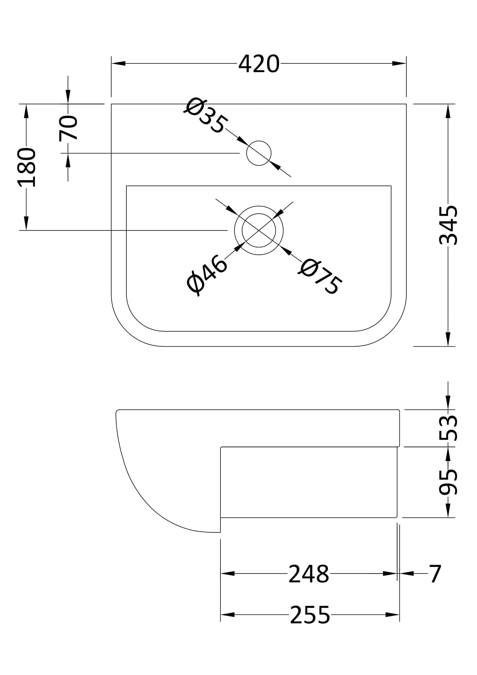 Seating diagram of a modern bathroom sink with detailed measurements and installation specifications for plumbing and cabinetry.