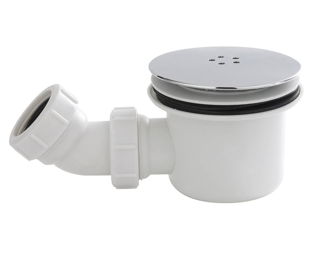 Drainage trap for bathroom plumbing, white PVC pipe component with rubber seals and chrome plate cover, designed for bathtub or sink installation. High-quality, durable bathroom plumbing part.