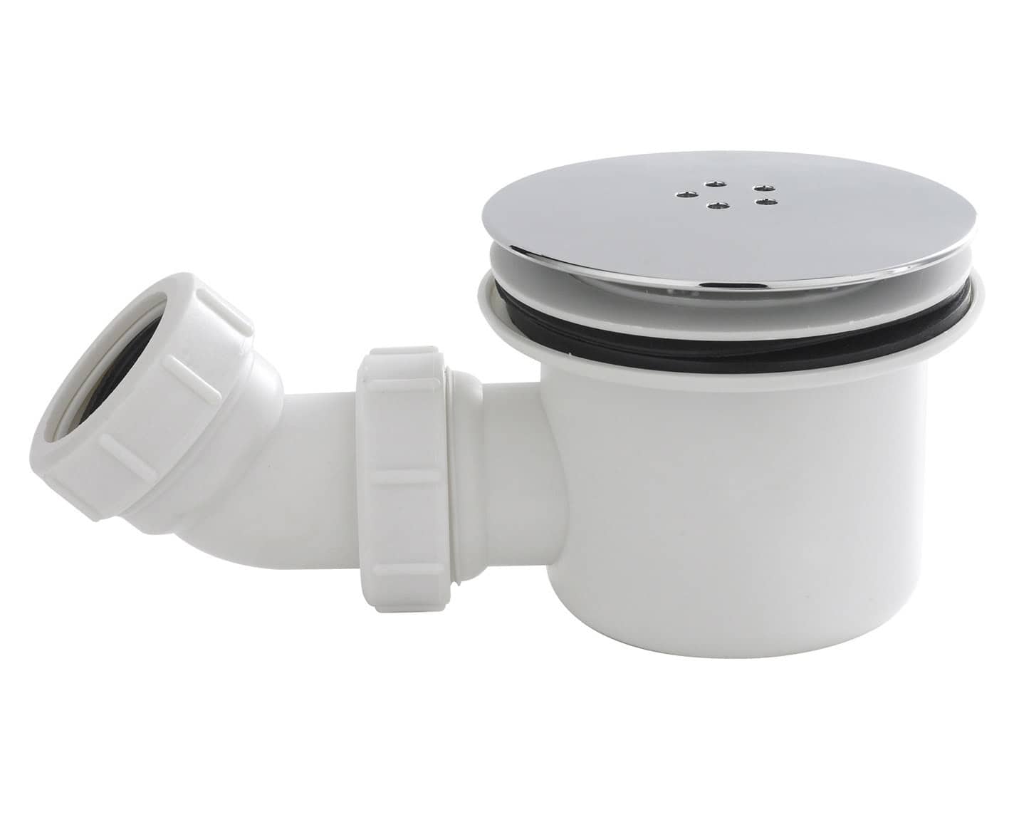 Drainage trap for bathroom plumbing, white PVC pipe component with rubber seals and chrome plate cover, designed for bathtub or sink installation. High-quality, durable bathroom plumbing part.