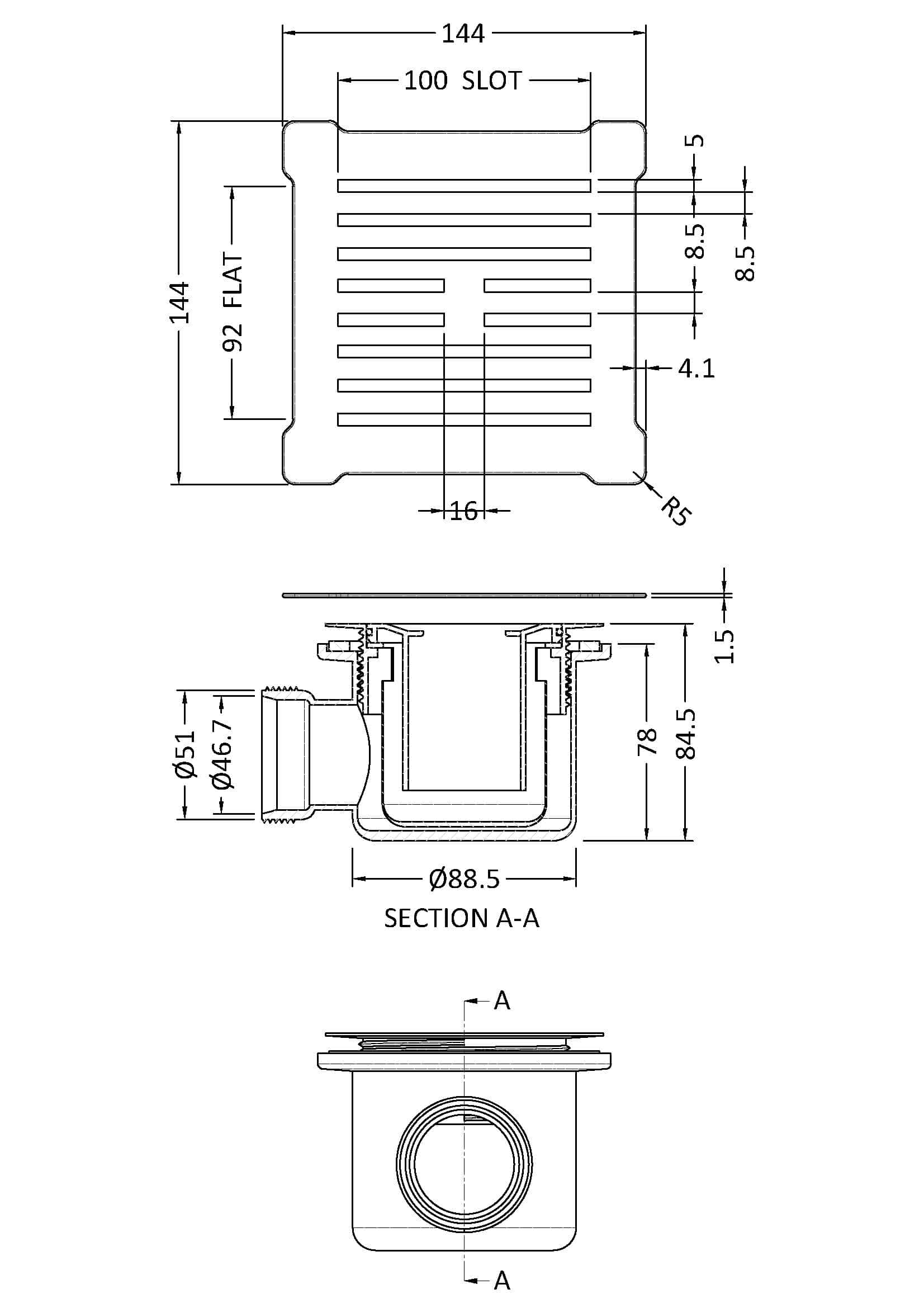 High-quality bathroom construction drain cover with detailed technical specifications, ideal for modern bathroom drainage solutions.