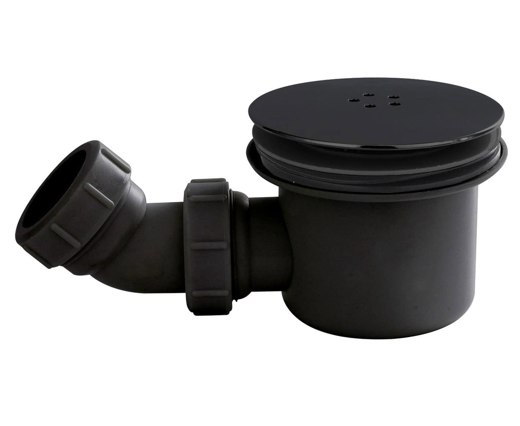 Flexible black plastic plumbing trap drain fitting for bathroom sink or shower. Durable pipe component designed for leak-proof water drainage systems in bathrooms.