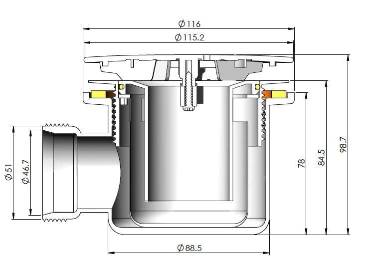 Bubly Bathrooms plumbing drain trap cross-section diagram showing detailed measurements and installation specifications for effective bathroom plumbing.