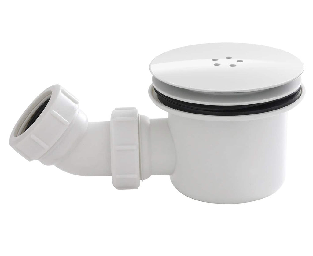 High-quality white PVC bathroom sink drain trap with rubber washer sealing for plumbing repair and installation. Suitable for modern bathrooms, easy to assemble, and corrosion-resistant.