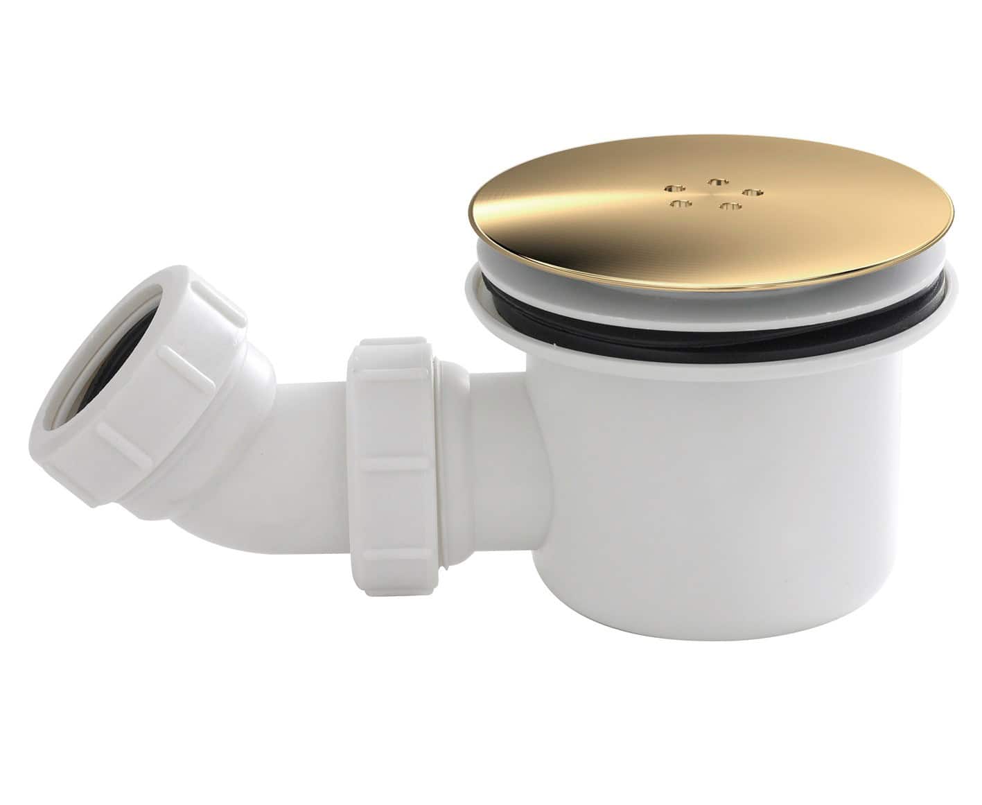 Compact bathroom sink drain trap with brass top, white PVC pipe fitting for plumbing repairs, ensuring leak-proof connection and water flow control. Ideal for modern bathroom installations.