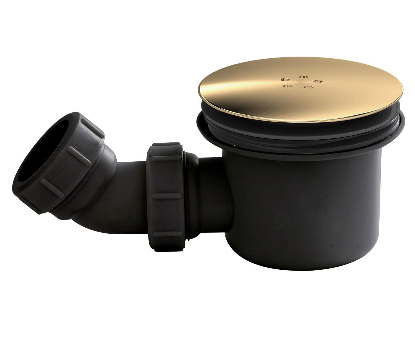 Black plastic bathroom waste trap with a gold-tone drain cover, suitable for modern bathroom sinks and basins, designed for optimal drainage and durable use.
