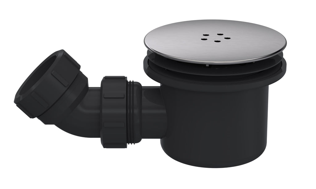 Flexible black plastic plumbing drain trap with adjustable fittings for bathroom sinks and showers.