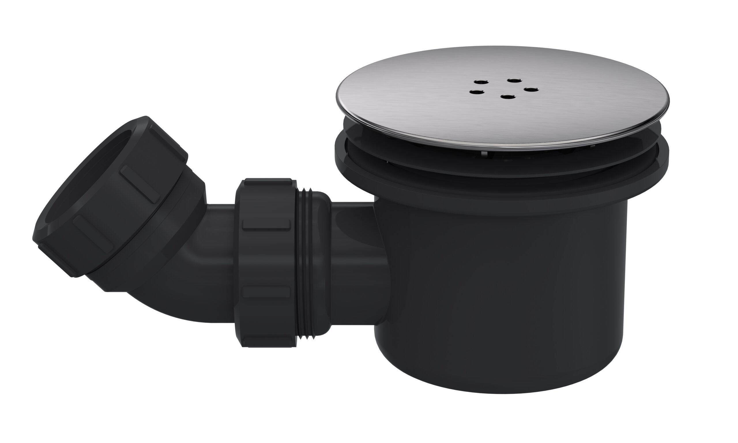 Flexible black plastic plumbing drain trap with adjustable fittings for bathroom sinks and showers.