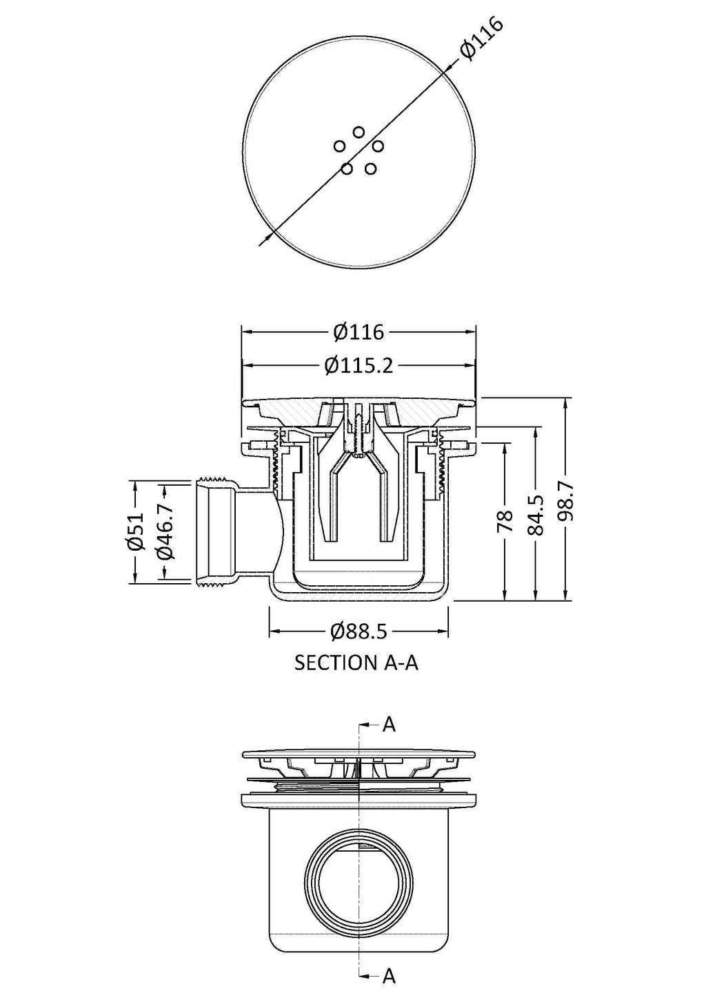 High-resolution technical bathroom drain diagram with dimensions, plumbing details, and cross-section views, ideal for bathroom renovation and installation projects.