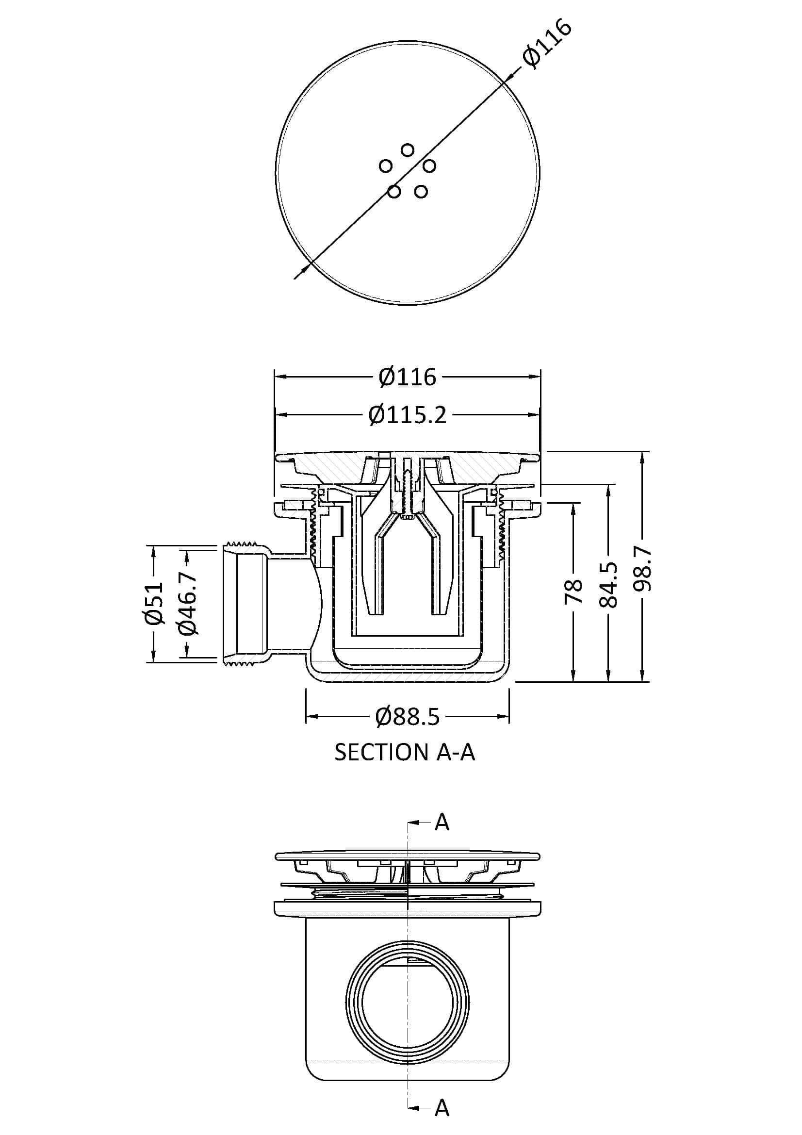 High-resolution technical bathroom drain diagram with dimensions, plumbing details, and cross-section views, ideal for bathroom renovation and installation projects.