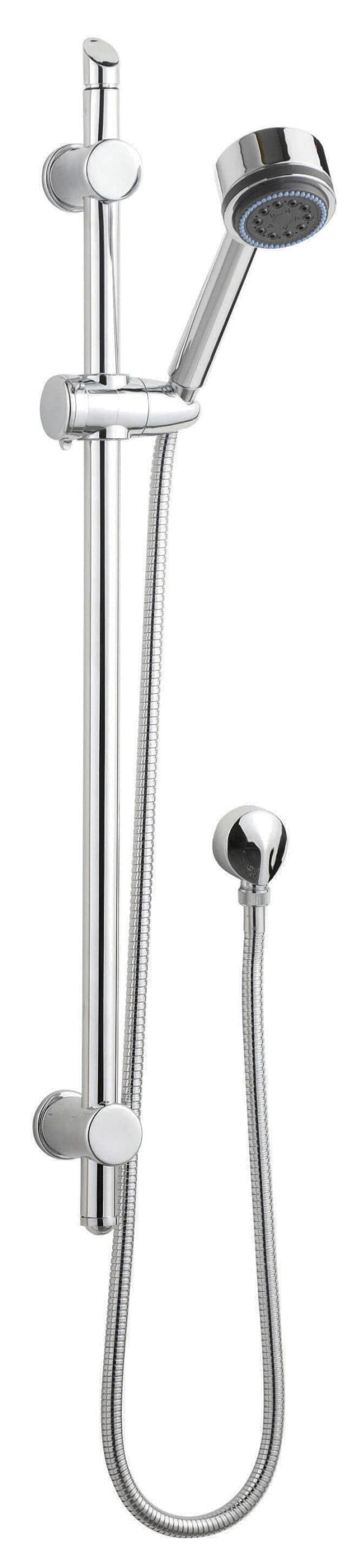Chrome adjustable handheld shower head with sliding bar and flexible hose for modern bathroom setups.