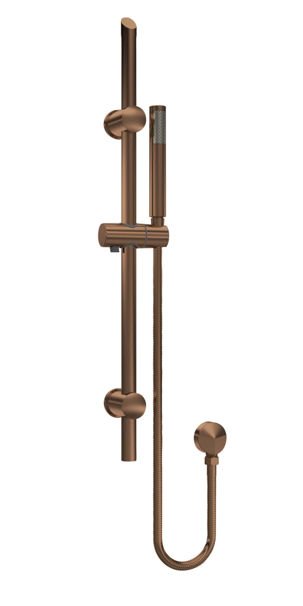 Sleek copper finish bathroom shower system with handheld shower head and adjustable height brackets for modern Bubly bathrooms. Perfect for stylish and functional bathroom upgrades.
