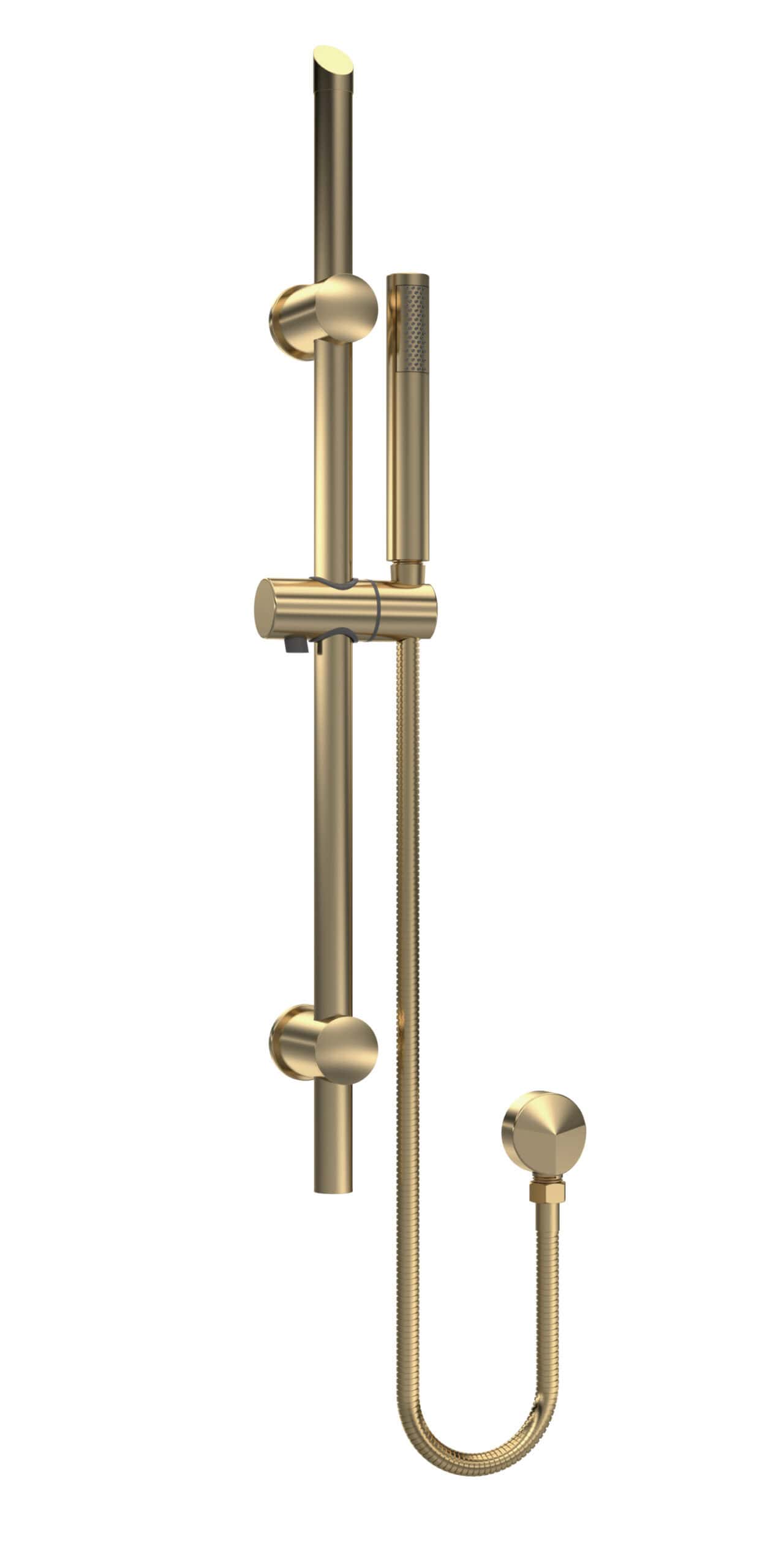 Polished gold modern bathtub shower rail with hand-held shower head and flexible hose, sleek bathroom fixtures for luxurious Bubly Bathrooms.