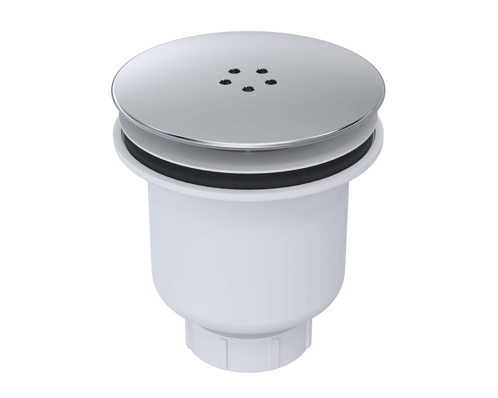 Drain trap with stainless steel cover for bathroom sinks and washbasins, durable plumbing component.