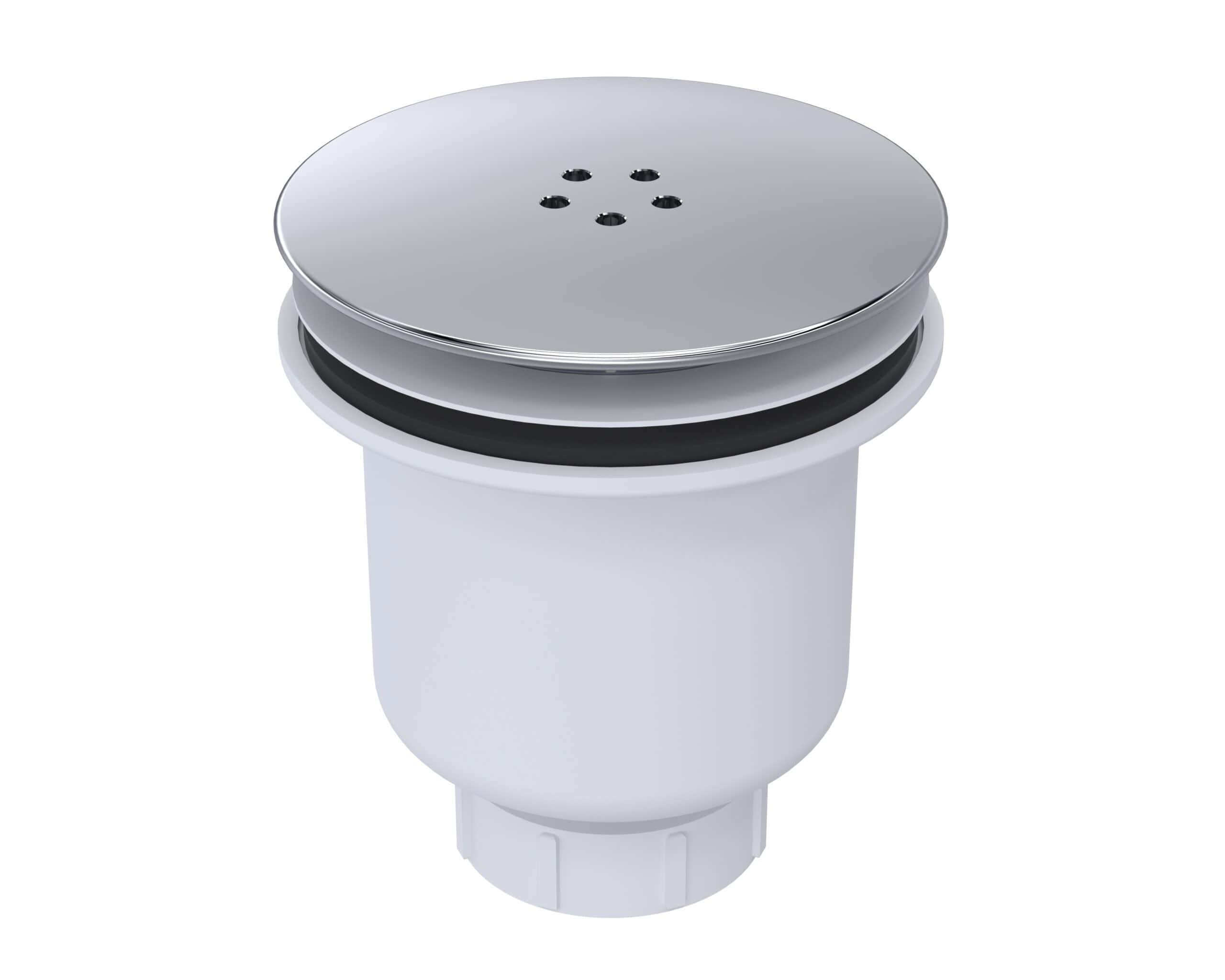 Drain trap with stainless steel cover for bathroom sinks and washbasins, durable plumbing component.