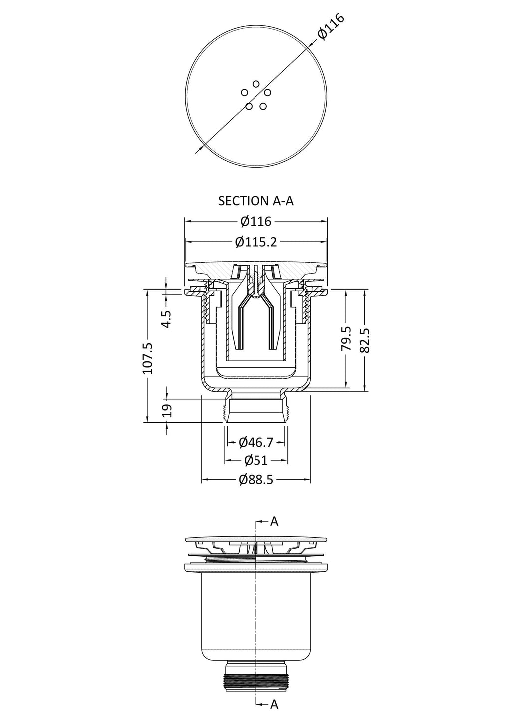 Light grey bathroom sink drain with technical drawing, dimensions, and cross-section view showing details for installation and plumbing.