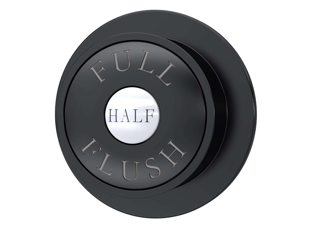 Black flush button with "Full" and "Half" inscriptions, modern bathroom accessory for water-saving flush systems.