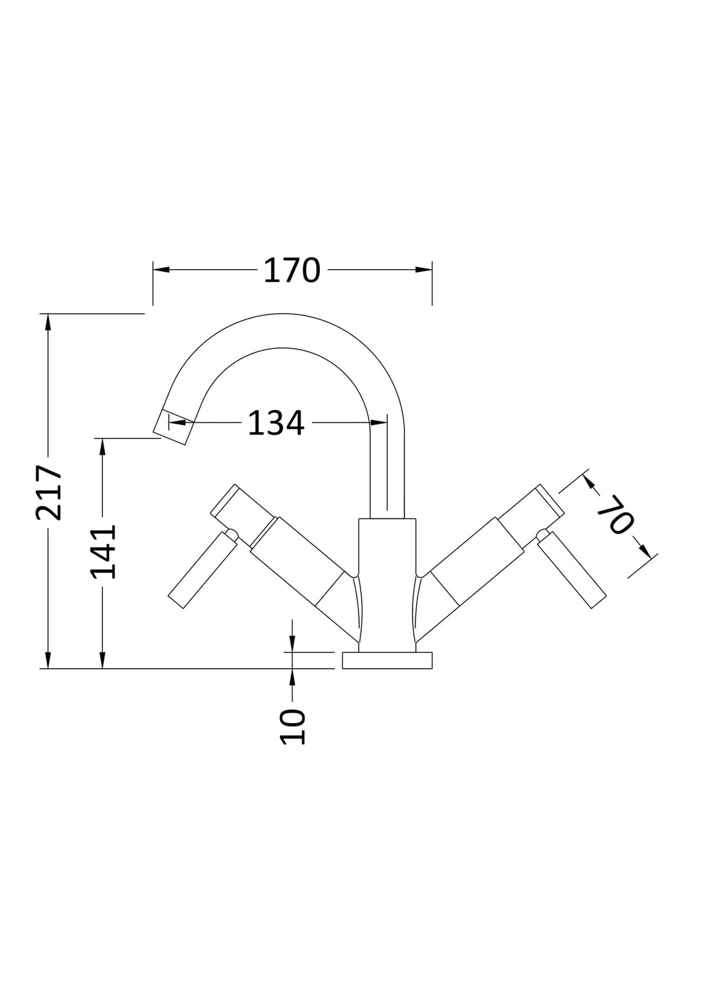 Sleek modern kitchen tap with dual handles, high-arc spout, and precise measurements for installation, ideal for contemporary bathroom or kitchen renovation projects.
