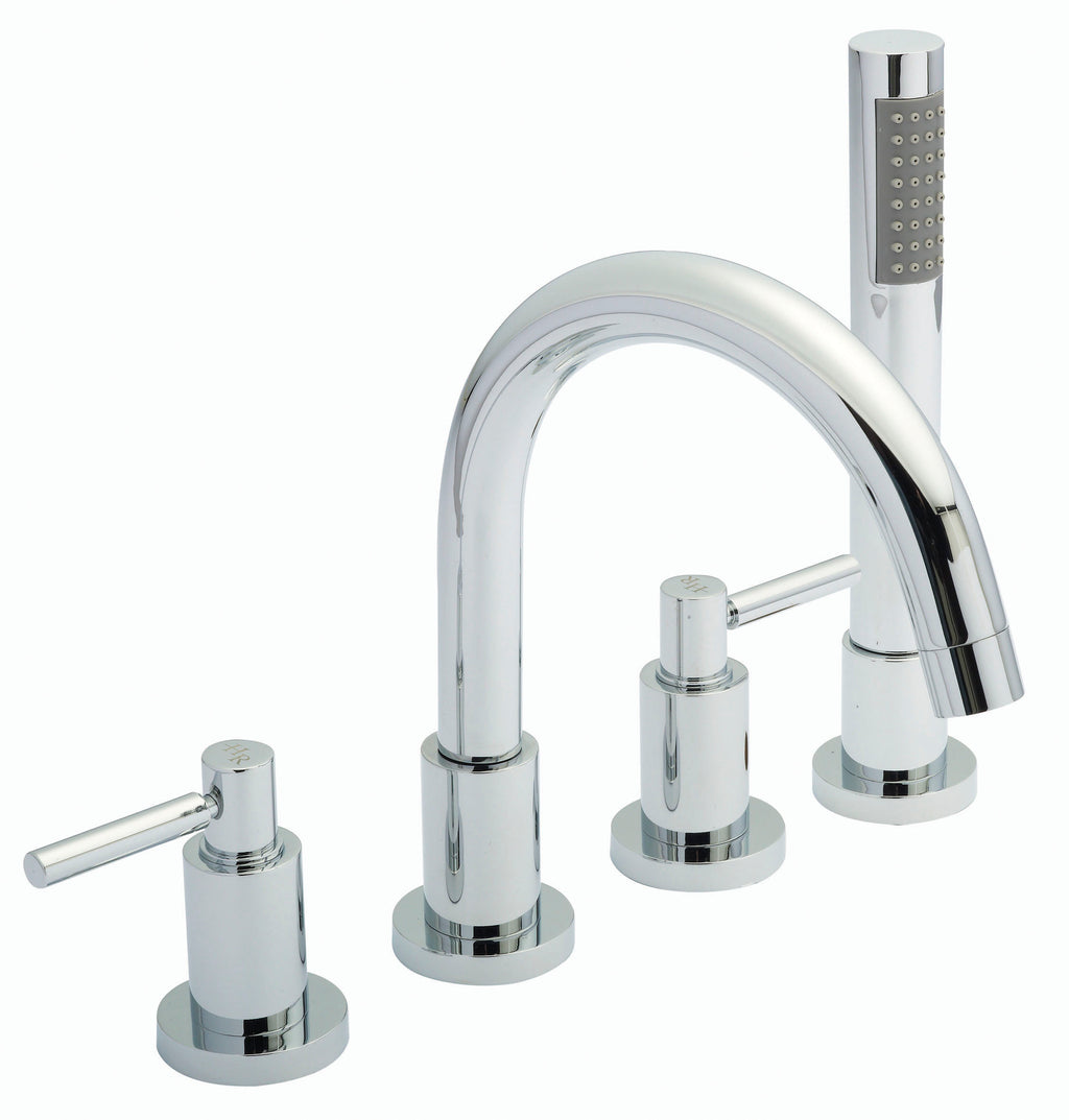 Sleek chrome bathroom tap with matching mixer and handheld shower, ideal for modern bathrooms and ensuring stylish and functional kitchen or basin faucet solutions.