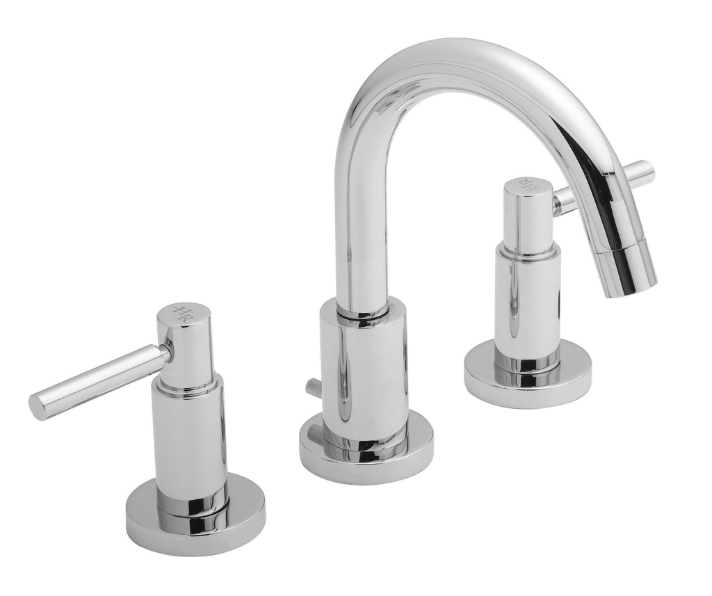 Sleek chrome bathroom tap set with central high spout and separate hot and cold handles for modern bathroom fixtures.