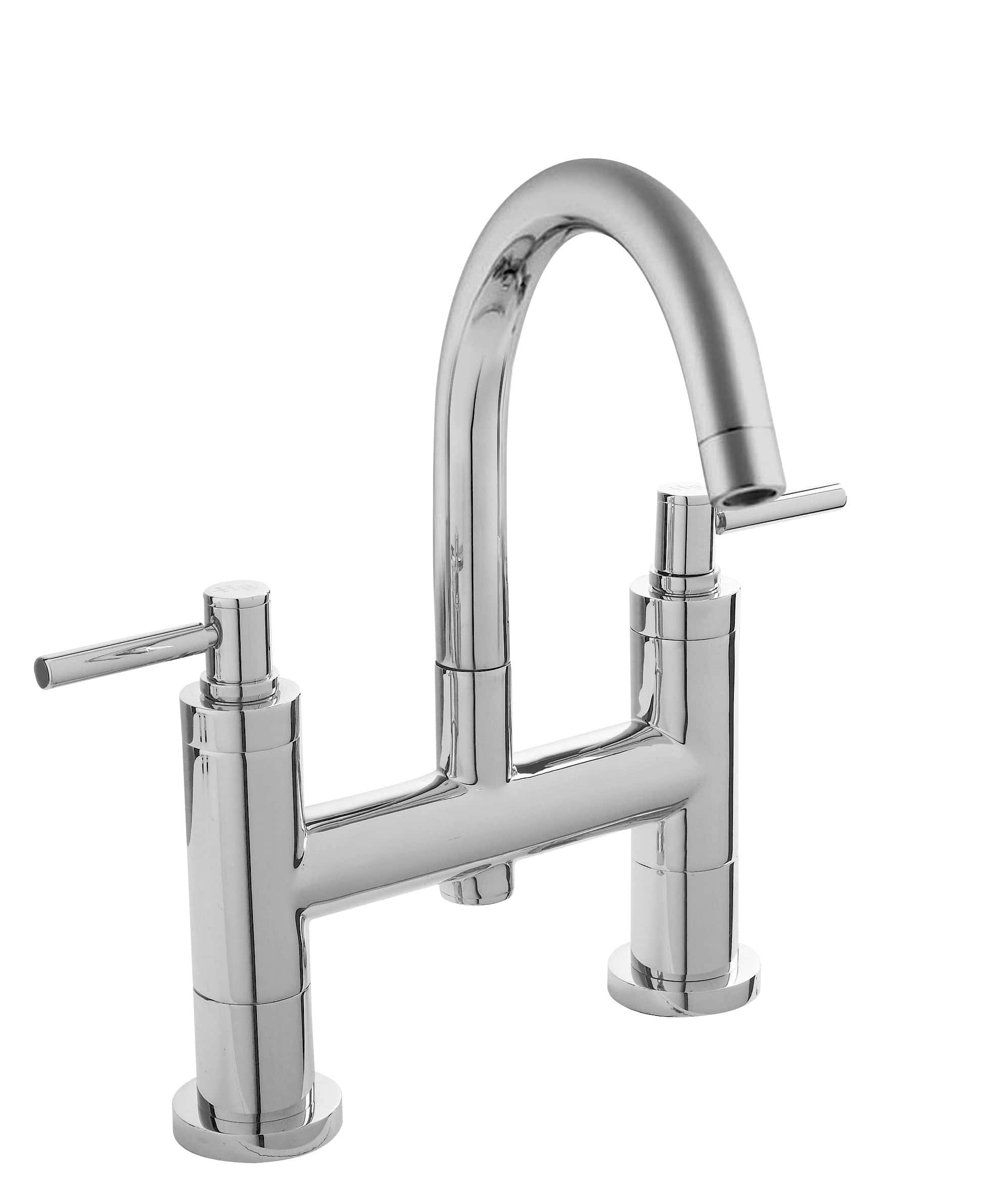 Sleek modern chrome kitchen tap with dual handles, ideal for contemporary bathrooms and kitchens. Durable, stylish, and perfect for upgrade projects by Bubly Bathrooms.