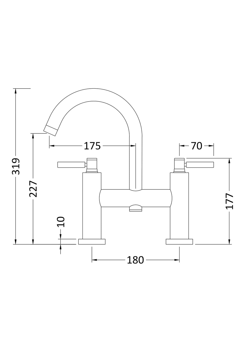 Elevated line drawing of a modern Bubly bathroom tap with precise dimensions, showcasing a sleek design ideal for contemporary bathroom fixtures and plumbing installations.