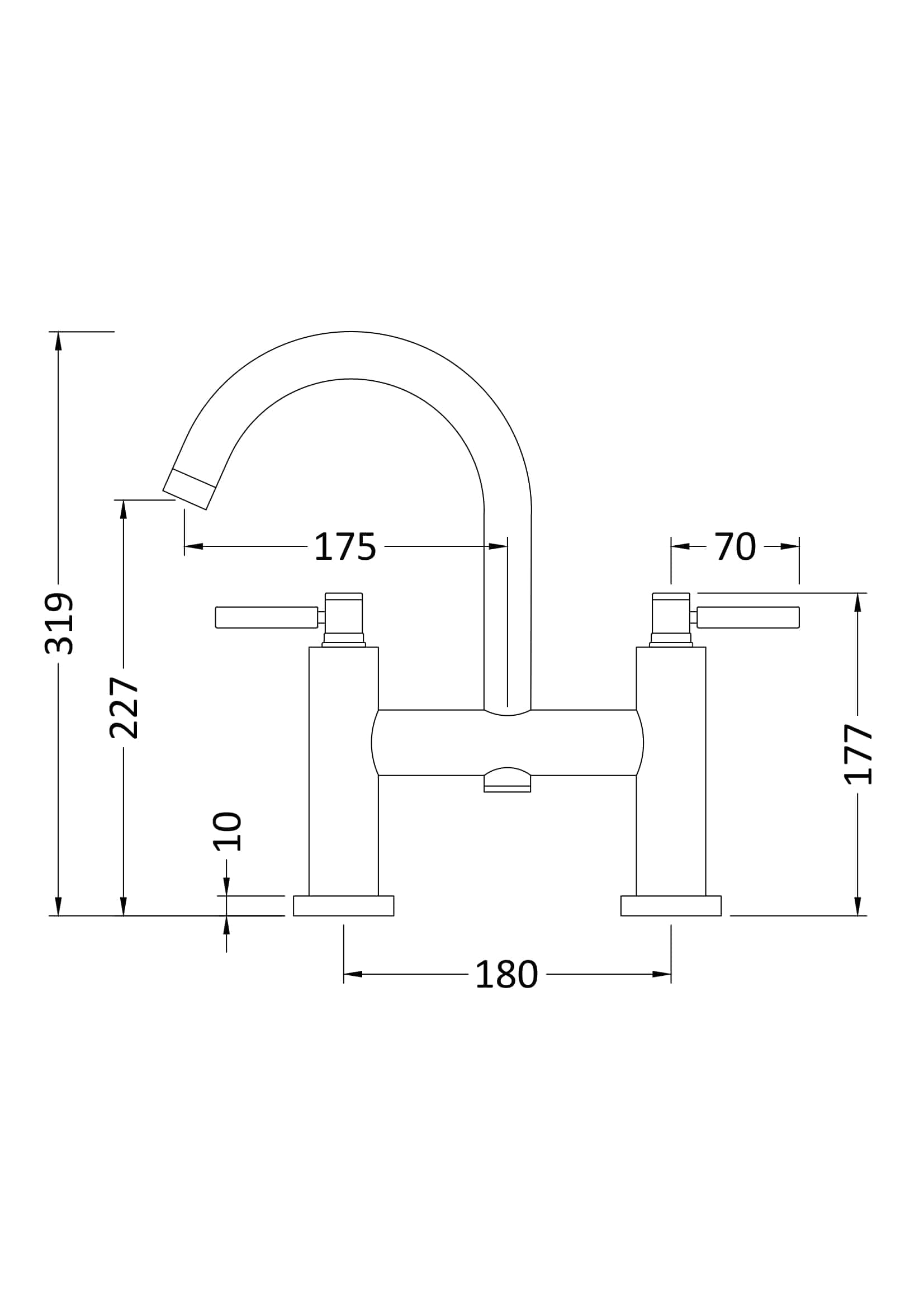 Elevated line drawing of a modern Bubly bathroom tap with precise dimensions, showcasing a sleek design ideal for contemporary bathroom fixtures and plumbing installations.