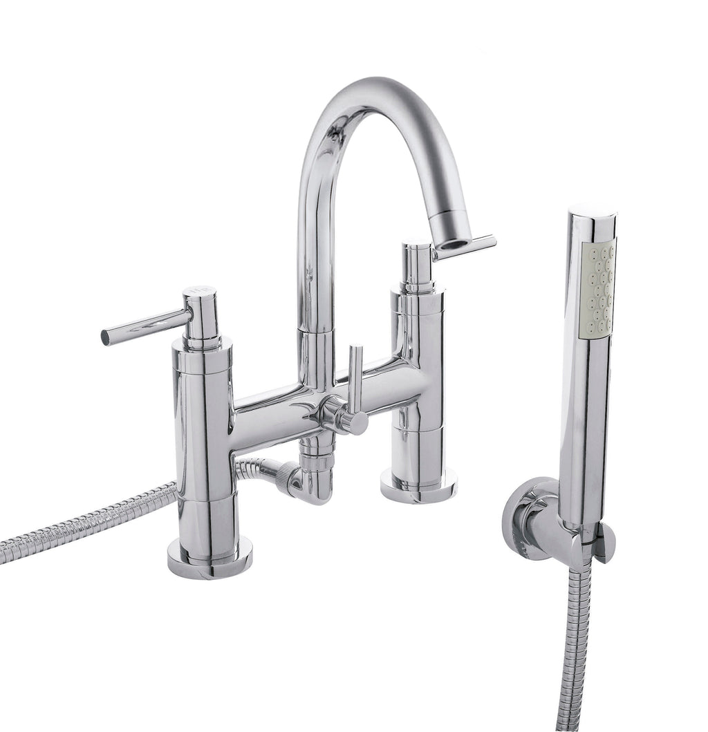 Modern chrome kitchen mixer tap with side-mounted handles and pull-out spray head for versatile functionality. Suitable for contemporary bathroom or kitchen renovation projects.