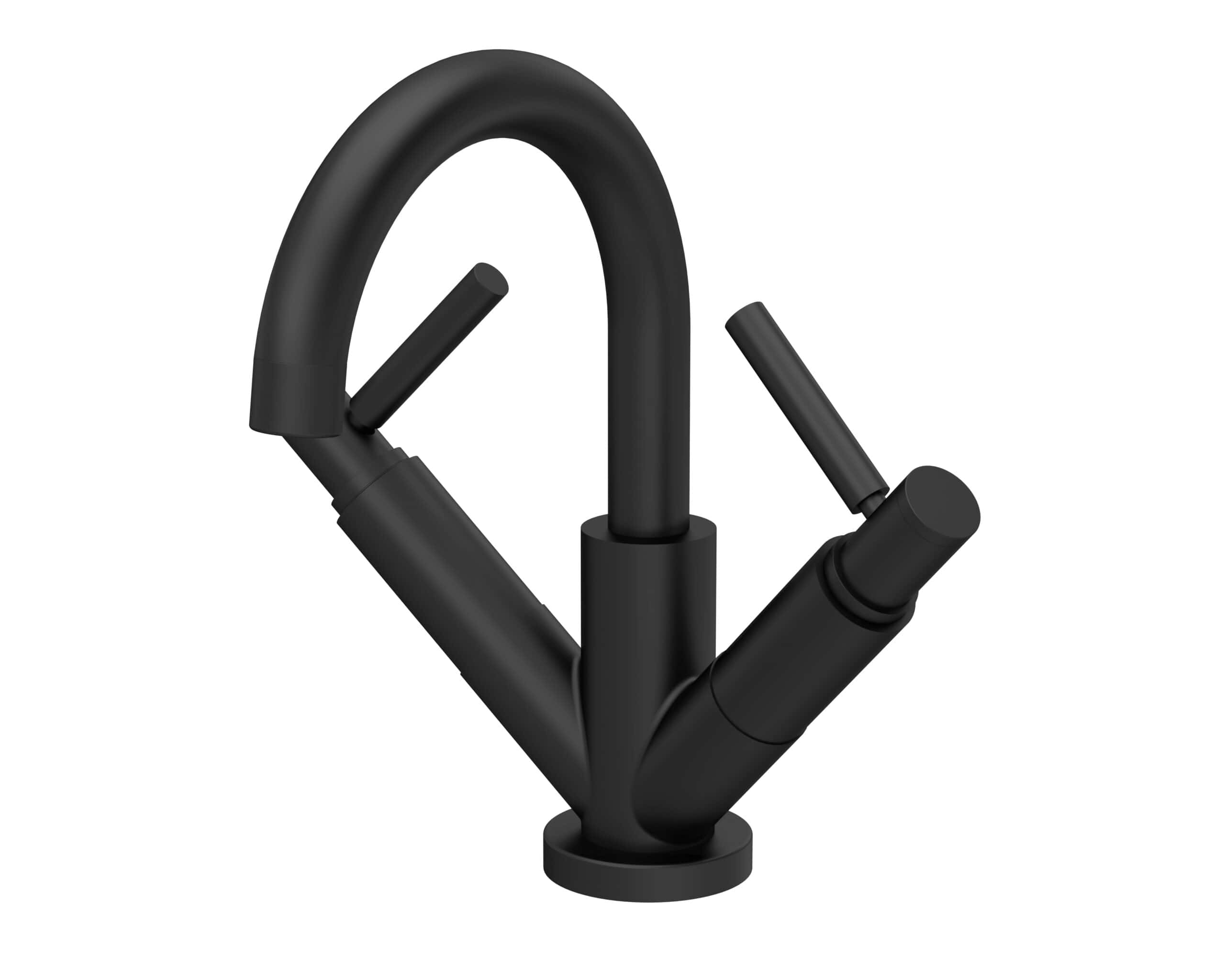 Sleek black kitchen tap with modern design, dual lever handles, and high arched spout for stylish and functional bathroom or kitchen fittings. Perfect for contemporary bathroom upgrade.