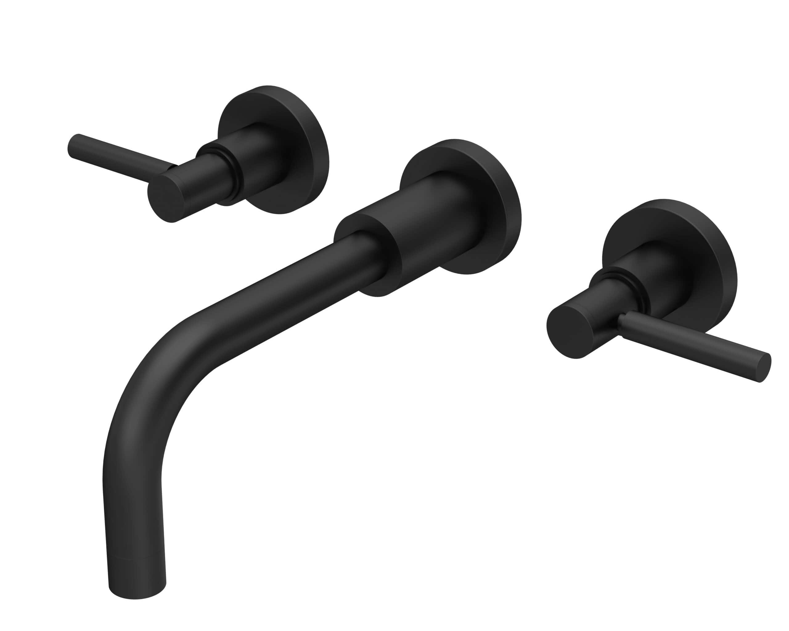 Sleek black wall-mounted bathroom mixer tap with dual handles for a modern bathroom design. Perfect for contemporary style bathrooms looking for functional and stylish fixtures.