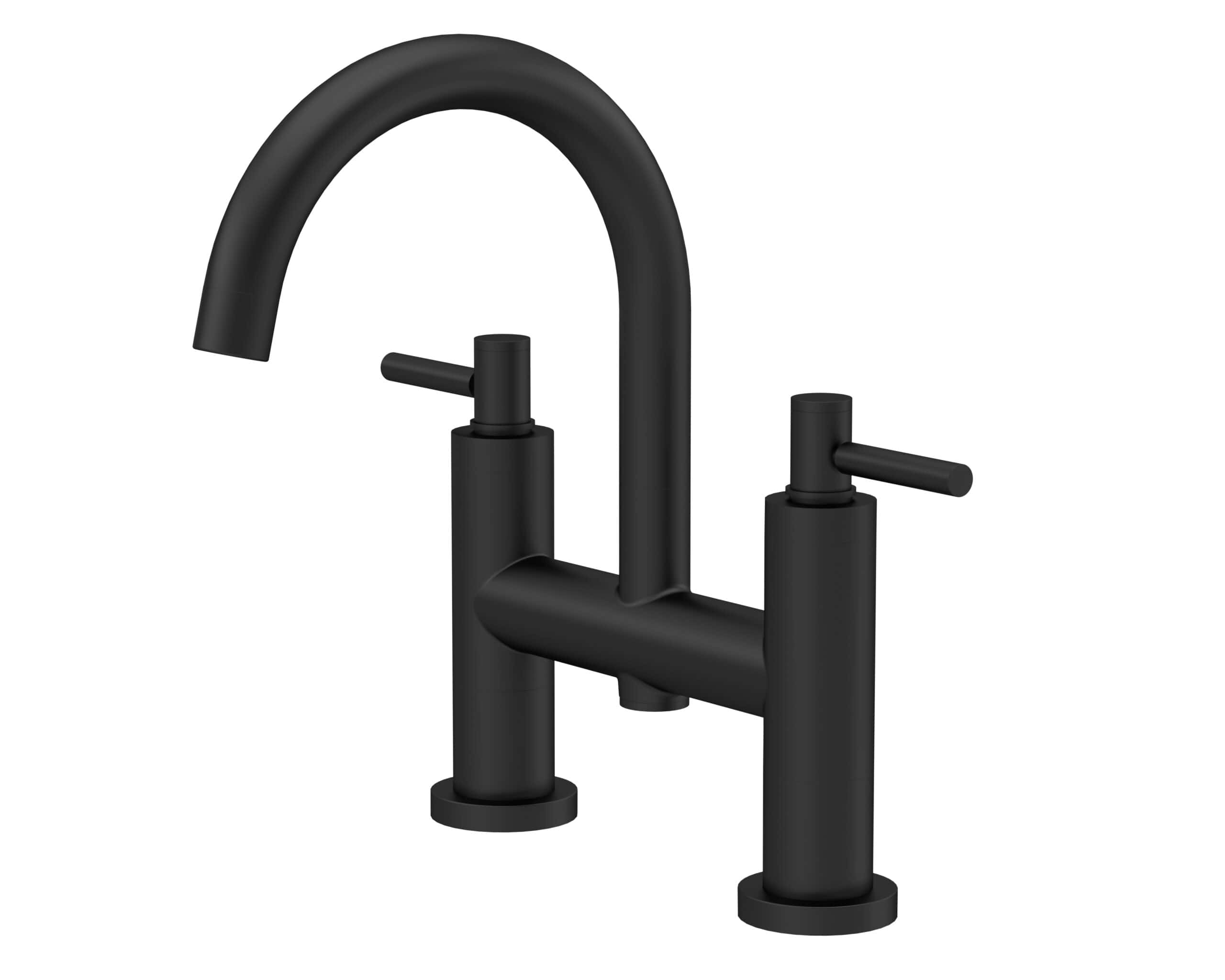 Black matte kitchen sink tap with modern design, dual handles, and high-arc spout for contemporary bathroom or kitchen remodels. Durable, stylish plumbing fixture for modern bathrooms.